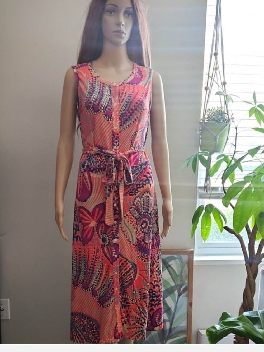 Tommy Bahama Button Down Dress Peach Purple Print Sleeveless Tie Waist Midi